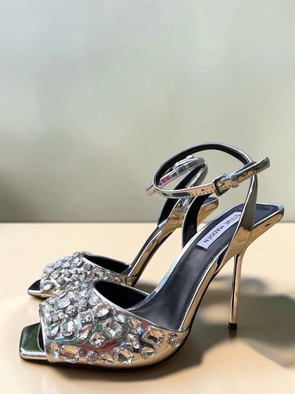 Steve Madden Silver Crystal-Embellished Stiletto Sandals Like New Size 9